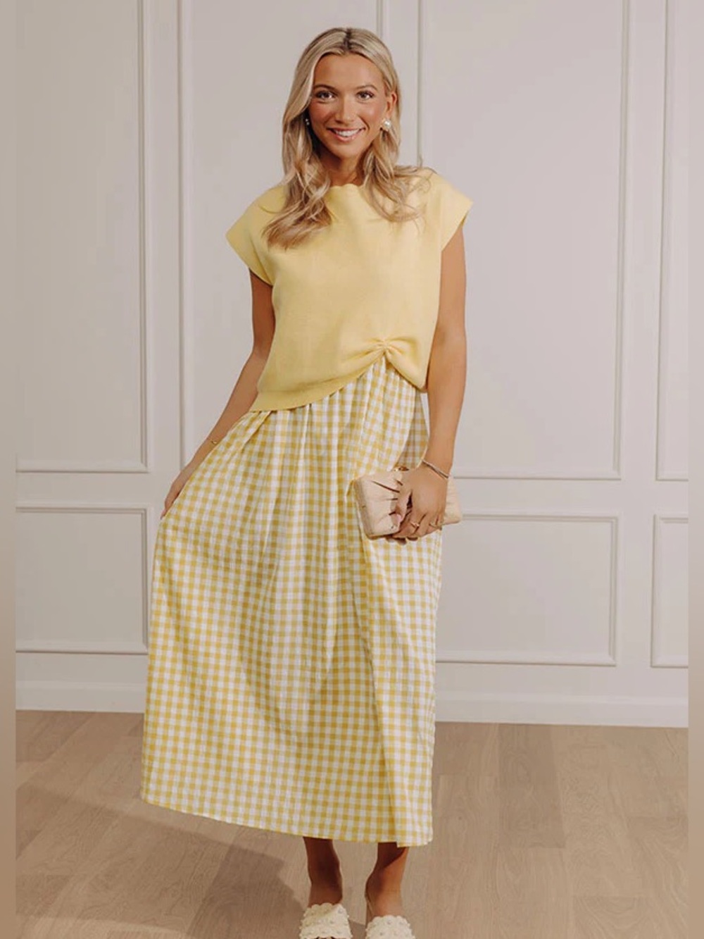 Yellow Gingham Maxi Dress with Twist-Front Top